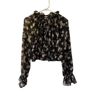 Mi Ami Women’s Long Sleeve Crop Top Floral Mesh See Through Size XL